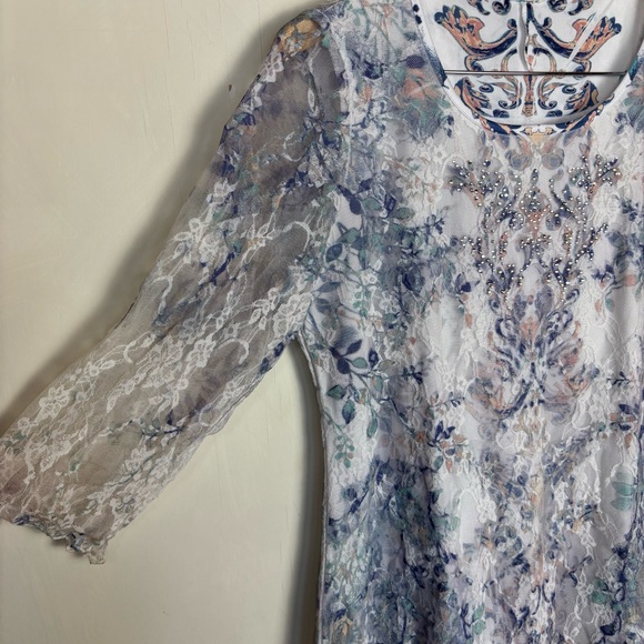 Sheer Lace Floral Damask Top Rhinestone Detail Boho Fairy Grunge Y2K Style - Picture 3 of 9